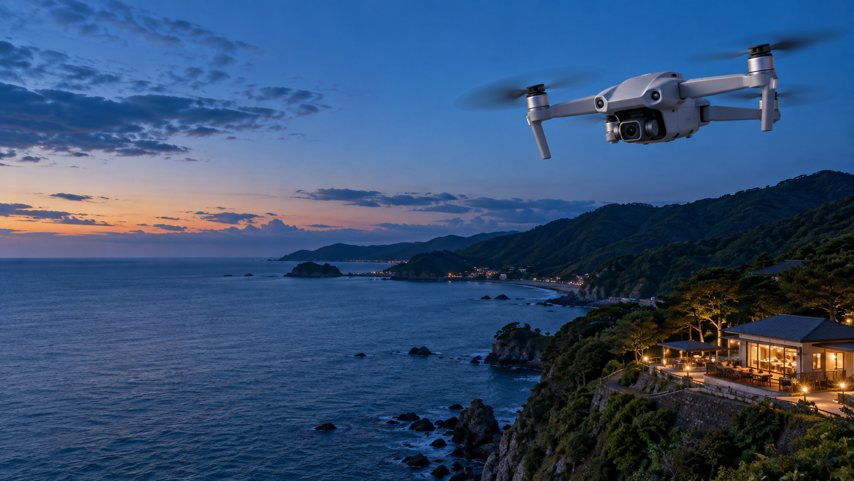 DJI Air 2Sで海辺の施設を空撮するドローンPR動画の制作イメージ