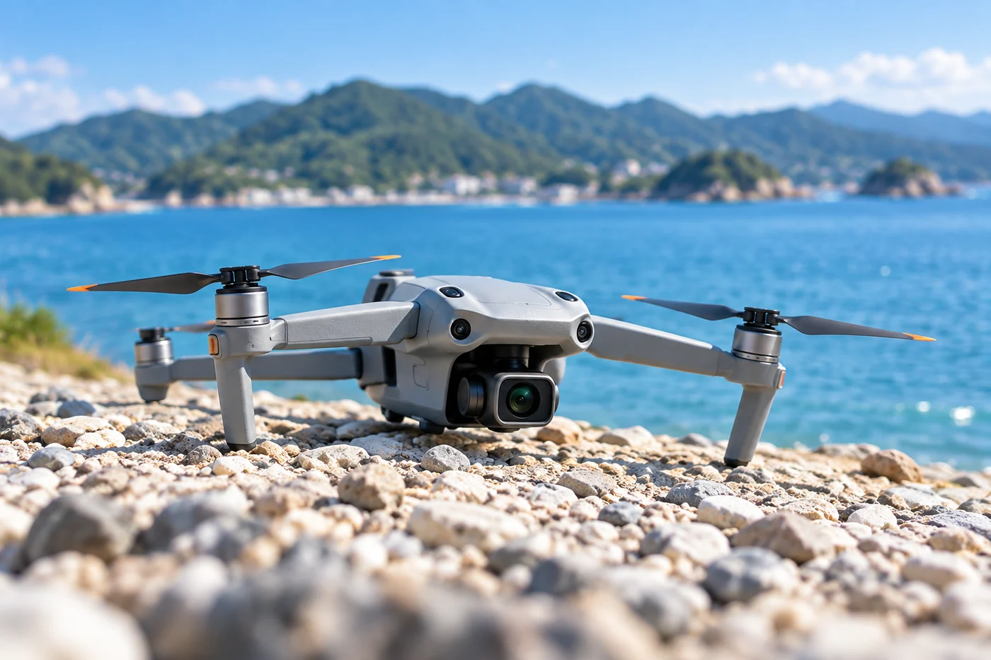 海辺に置いたDJI Air 2S（AI生成の制作イメージ）