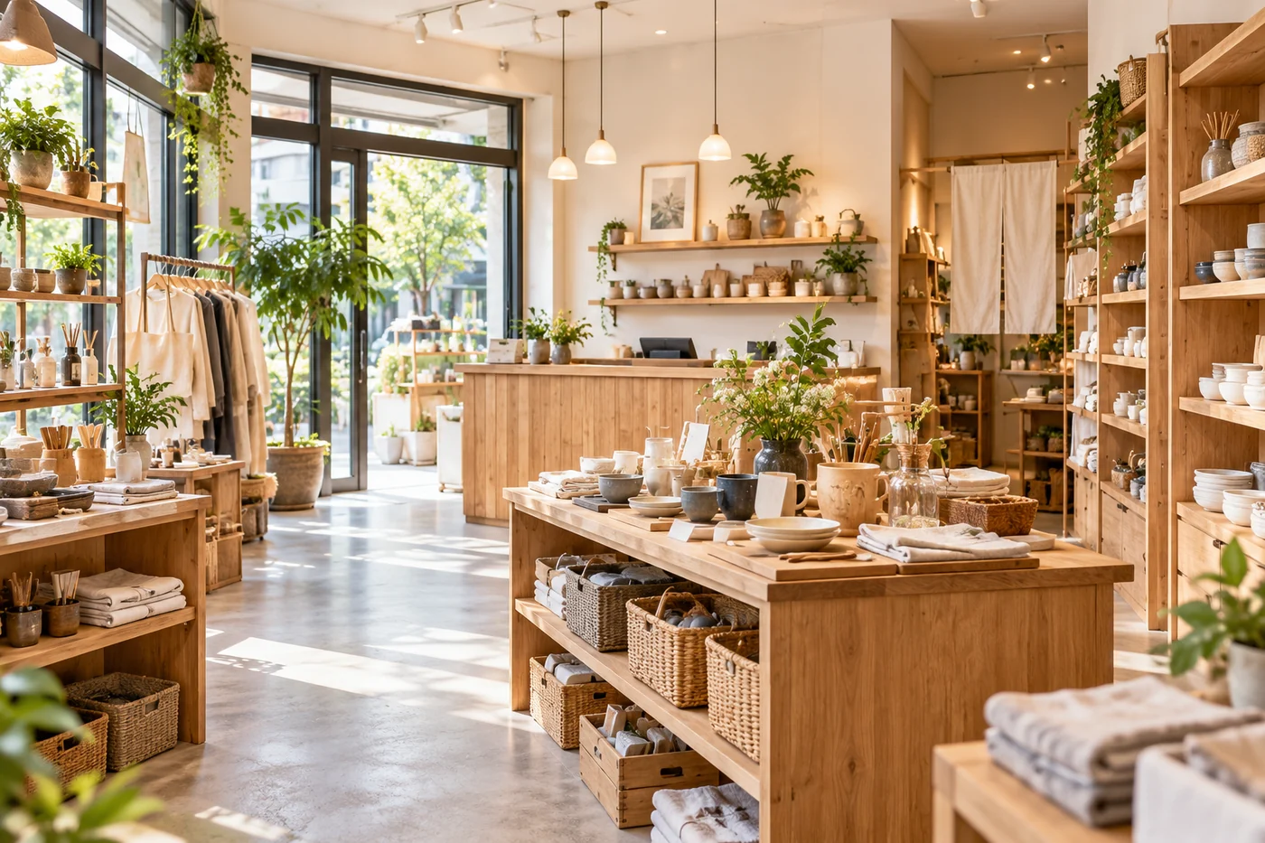 木の棚に商品を並べた小売店(AI生成の制作イメージ)