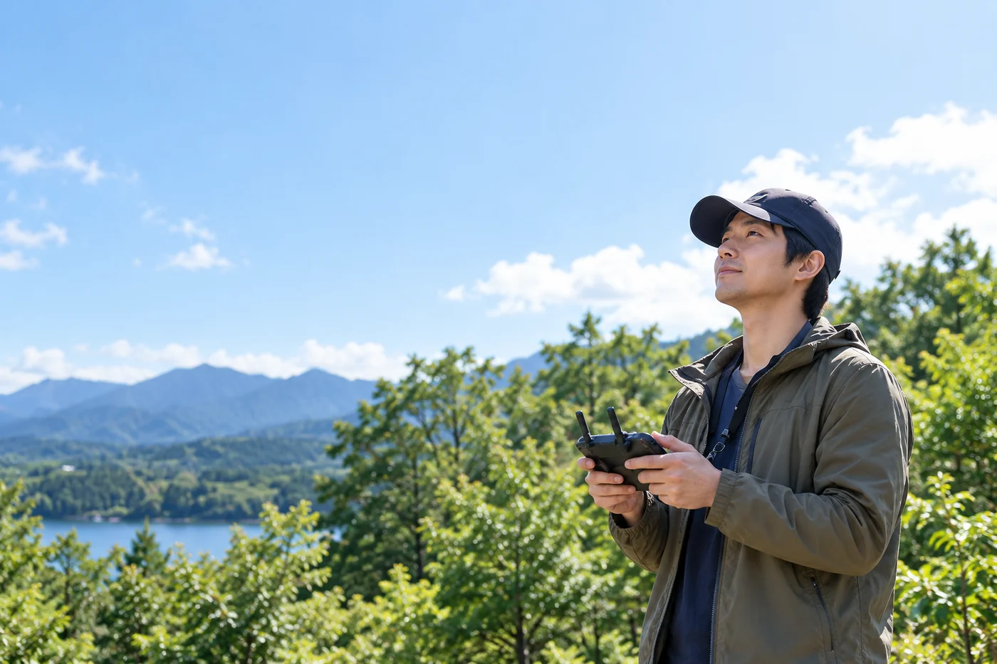 屋外でドローンのコントローラーを持つ人物（AI生成の制作イメージ）