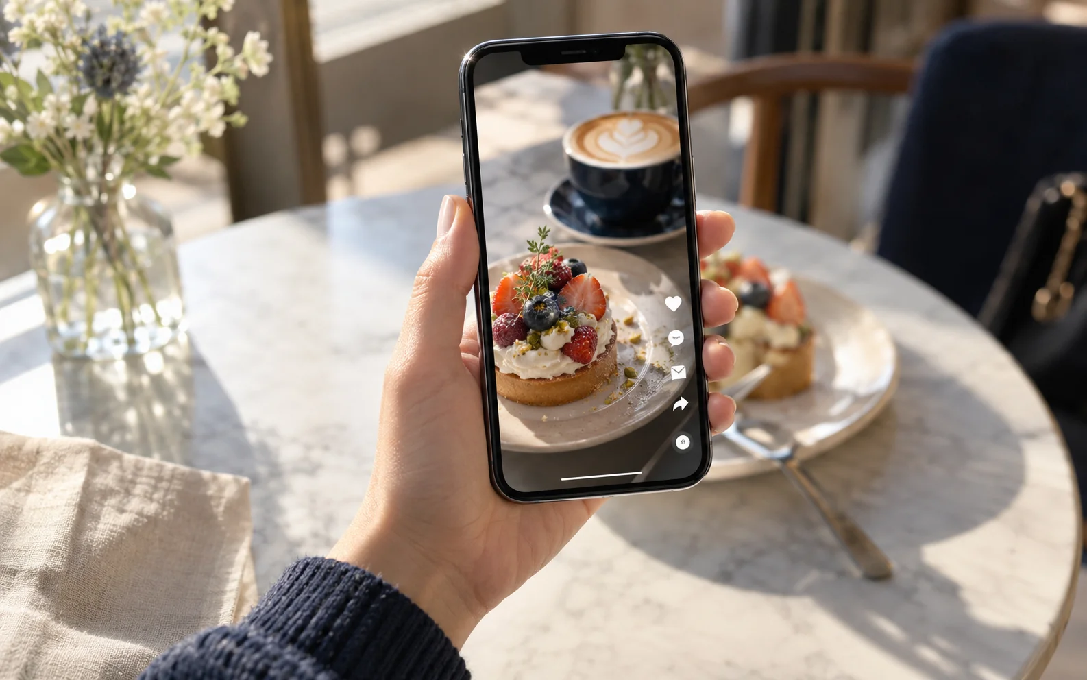 スマートフォンに料理の縦動画を表示するAI制作イメージ