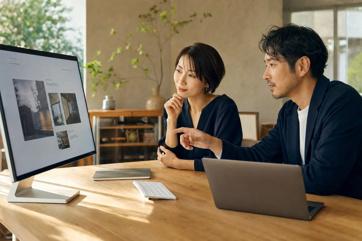 Webサイトの画面を見ながら制作方針を相談する場面（AI生成イメージ）