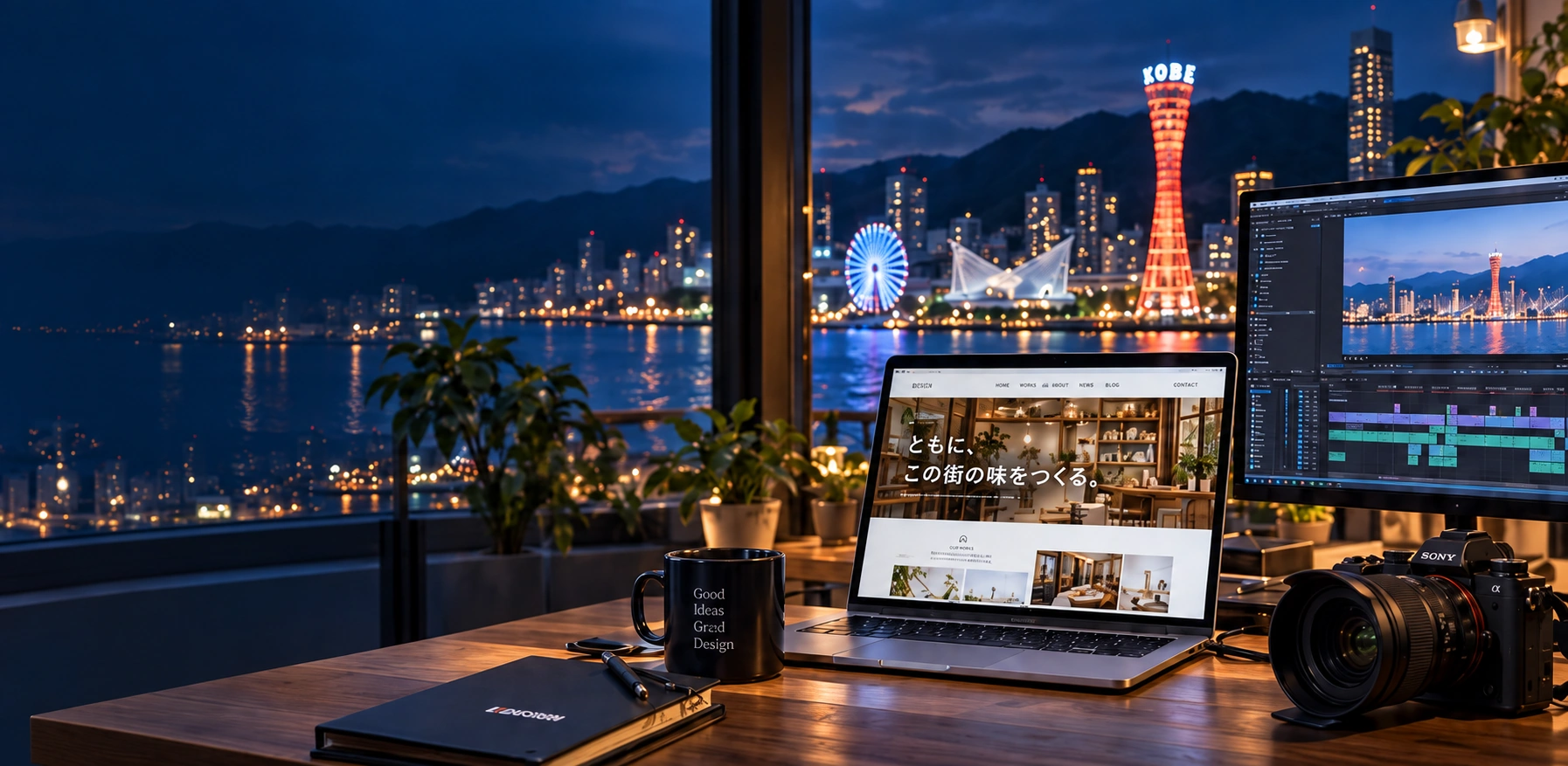 神戸の景色と制作環境を表したAI制作イメージ。受託実績ではありません。
