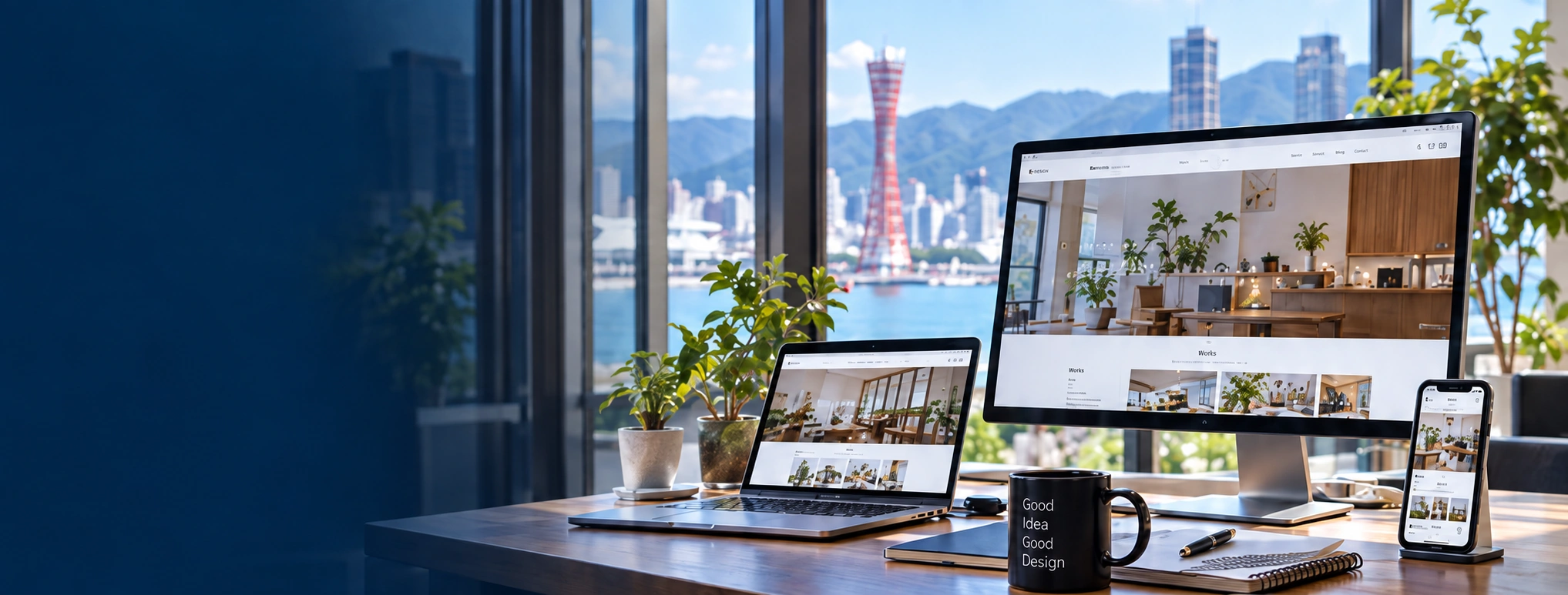 神戸の景色と制作環境を表したAI制作イメージ。受託実績ではありません。