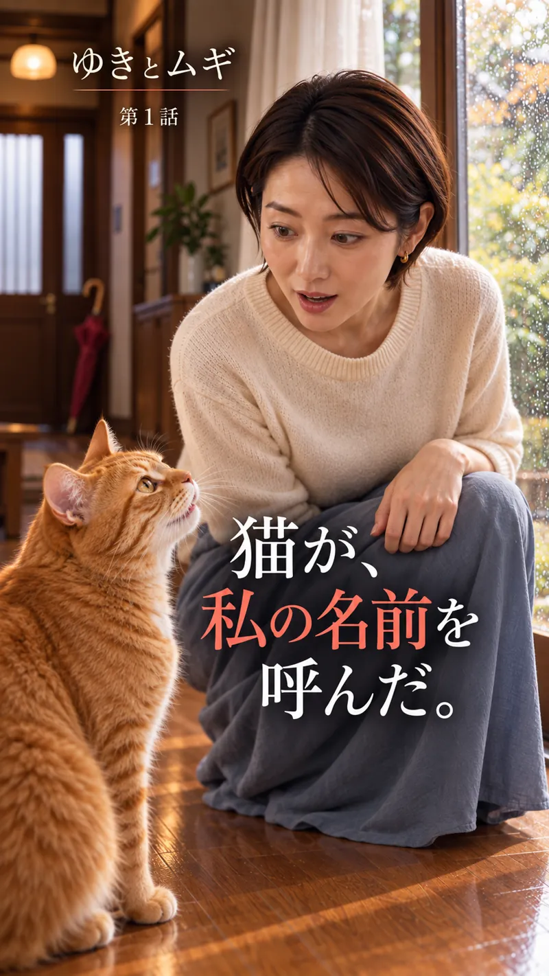 AI短編ドラマ「ゆきとムギ」第1話のカバー。ゆきと茶トラ猫のムギ