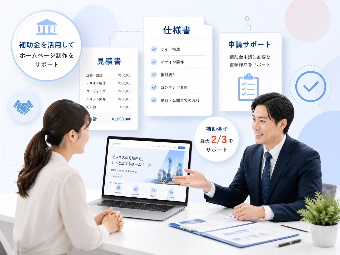 補助金を活用したホームページ制作の相談イメージ